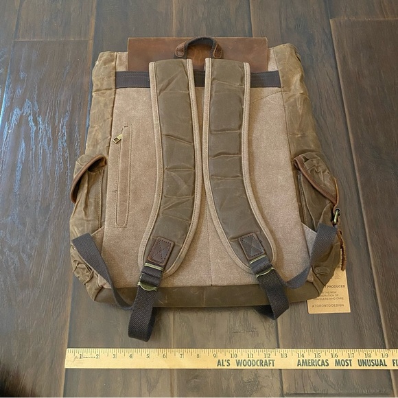 NWT District Fly Brown Leather Fabric Mix Humanely Produced Travelers Backpack - Picture 10 of 14